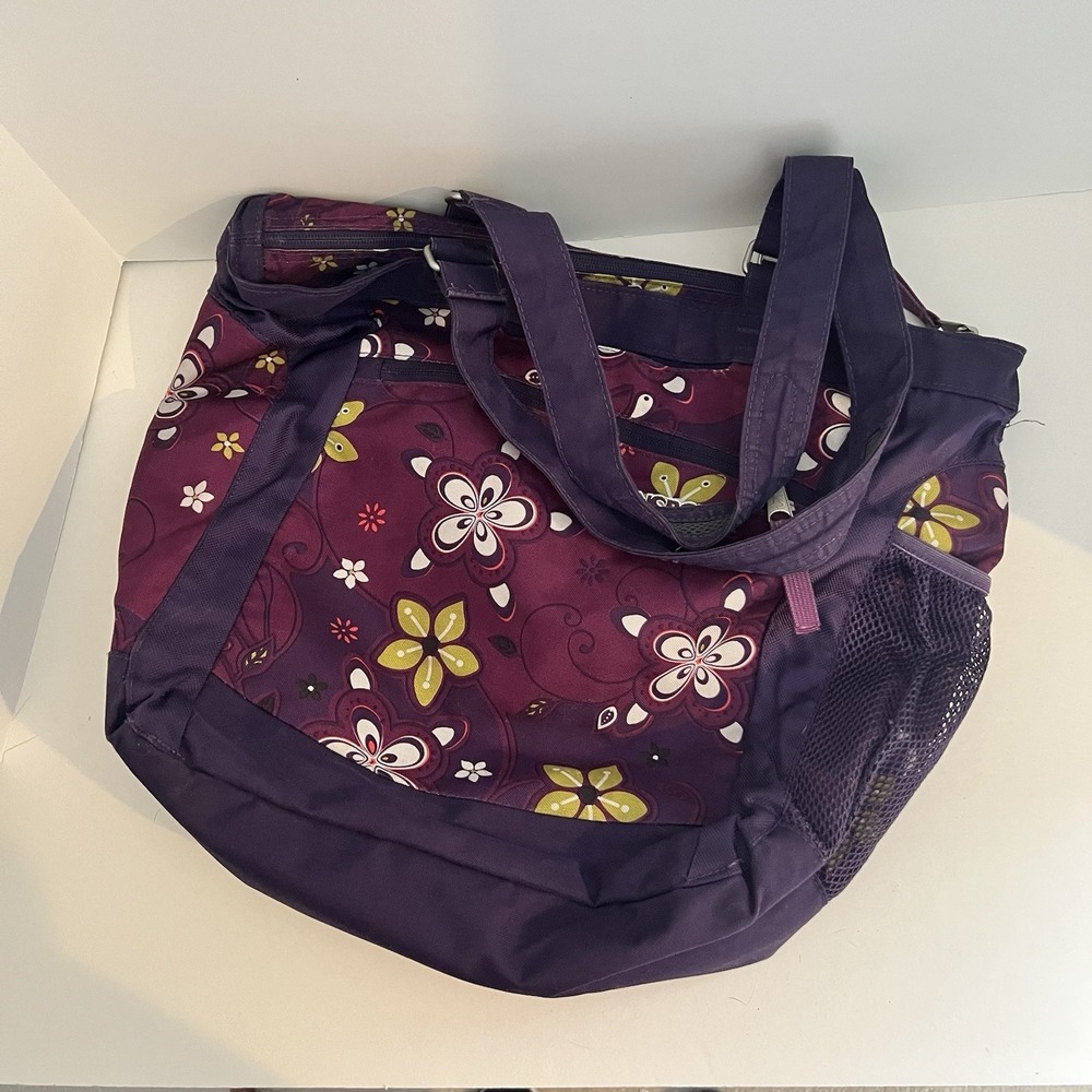 JanSport Womens Laptop Tote Bag Purple Floral Print Nylon Zip Top - Picture 3 of 5